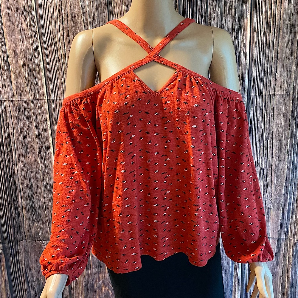 Lucky Brand size medium red with white black floral pattern cur out blouse